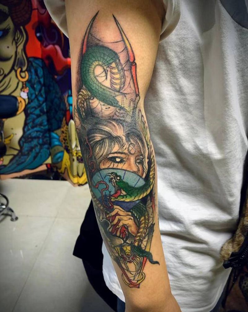 蛇女纹身图片_手臂New School纹身图案