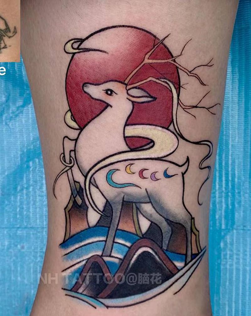 遮盖·九色鹿纹身图片_腿部纹身图案