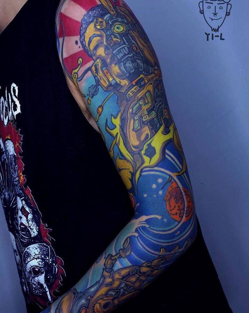 新传统机械佛花臂纹身图片_手部新传统New School佛纹身图案