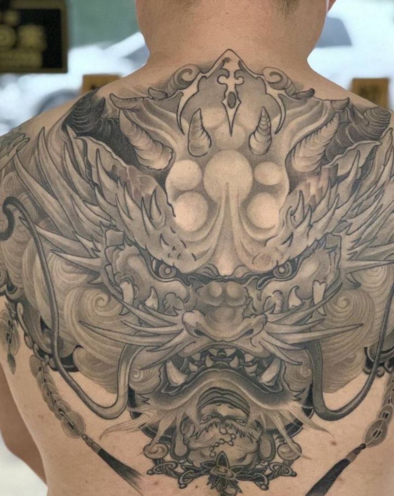 #恢复后#半背龙王#买家秀#纹身图片_背部新传统半背龙纹身图案