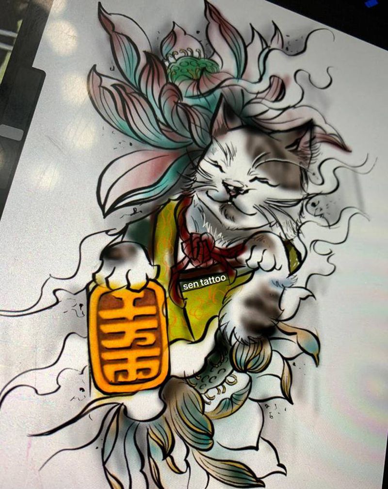 招财猫花臂纹身图片_新传统纹身图案