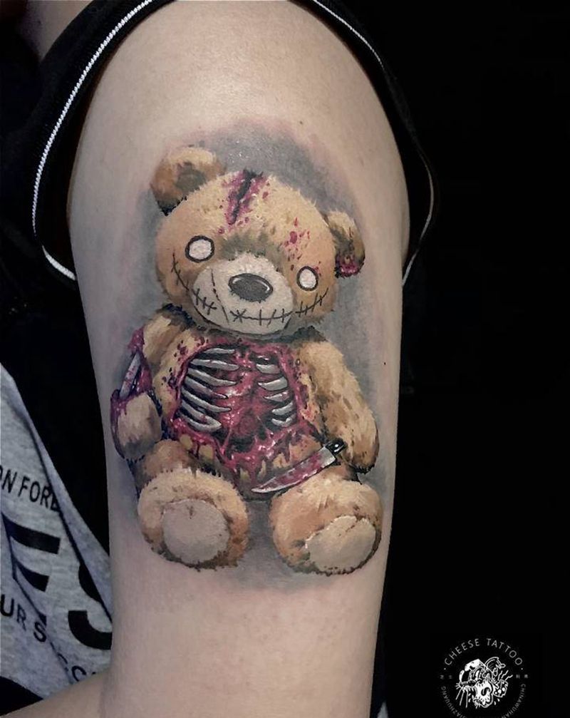 暴力熊纹身图片_手臂欧美写实泰迪熊暗黑彩色写实纹身图案