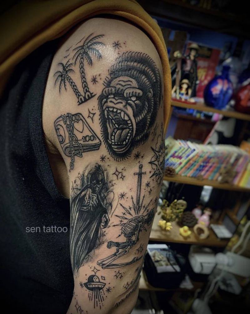 拼接花臂纹身图片_Old School纹身图案