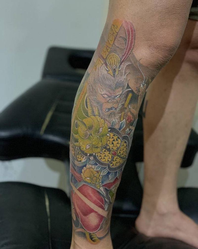 今日作品更新 #大圣72变纹身图片_腿部纹身图案