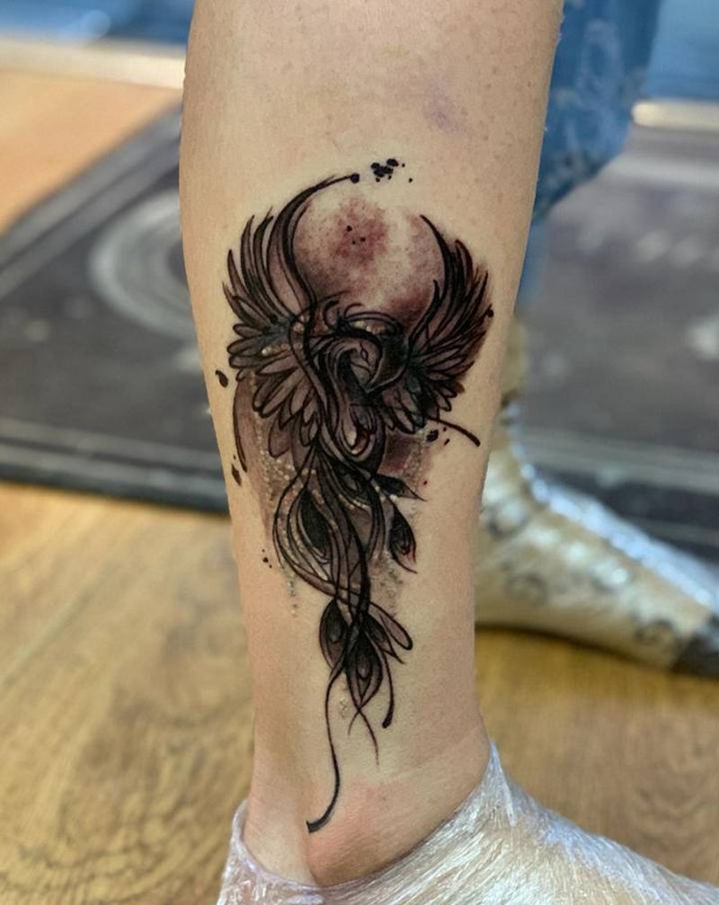 今日作品更新 #遮盖纹身图片_腿部水墨凤凰纹身图案