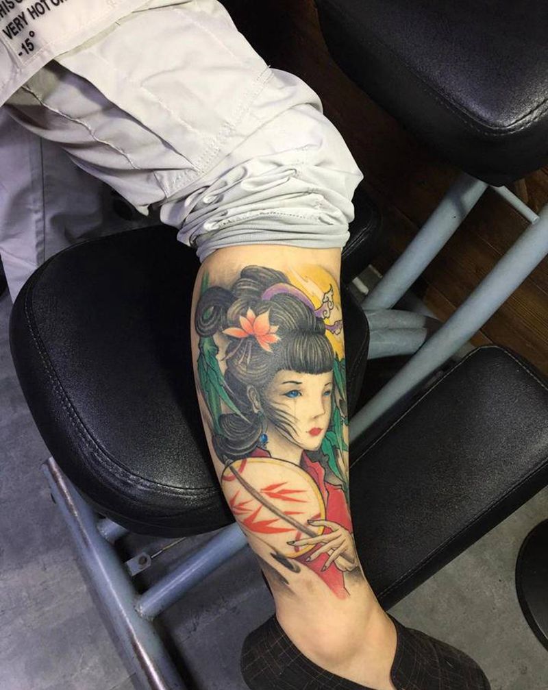 艺妓纹身图片_腿部新传统老传统纹身图案