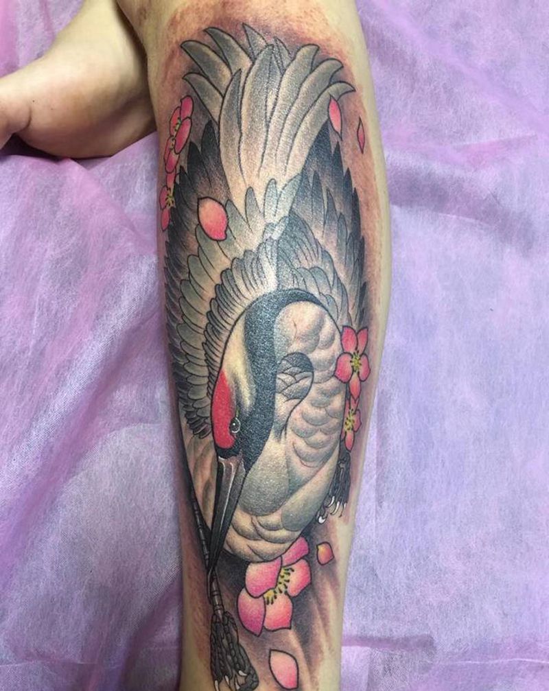 丹顶鹤纹身图片_腿部新传统老传统纹身图案