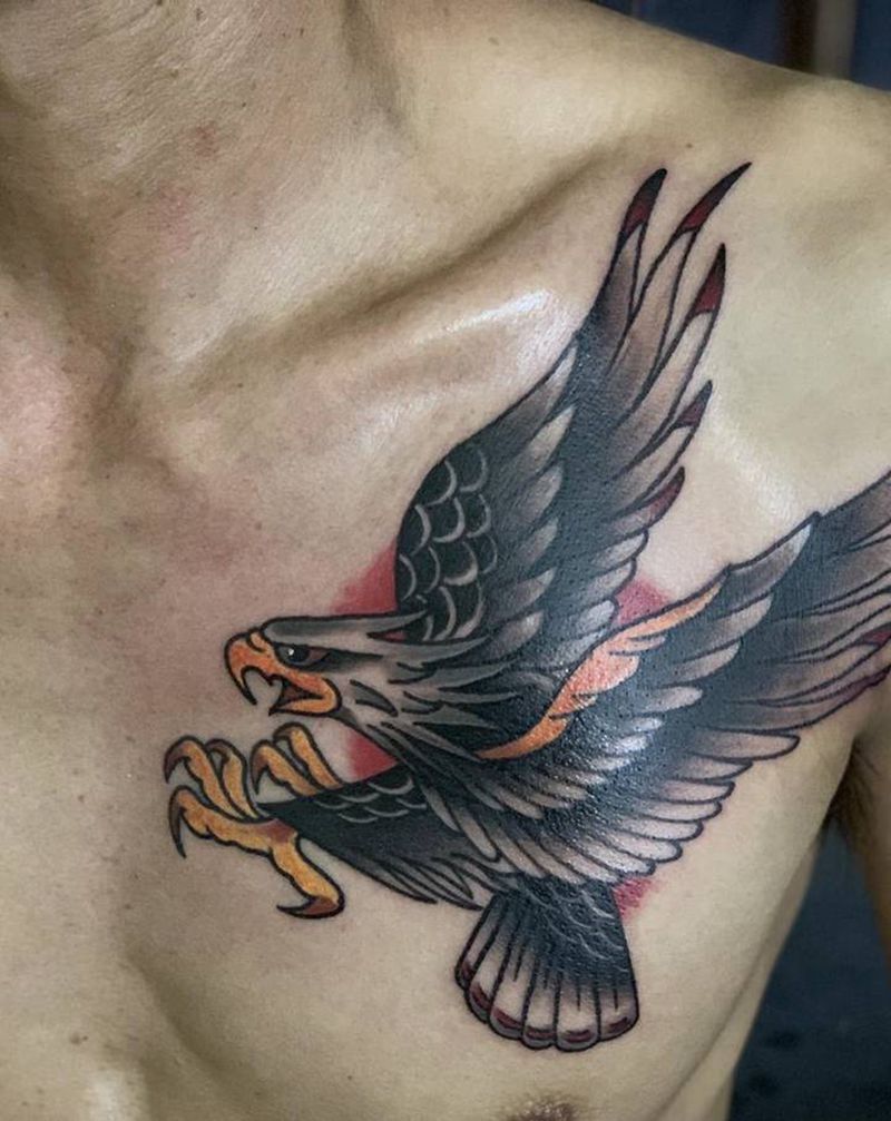 今日作品更新纹身图片_胸部Old School鹰纹身图案