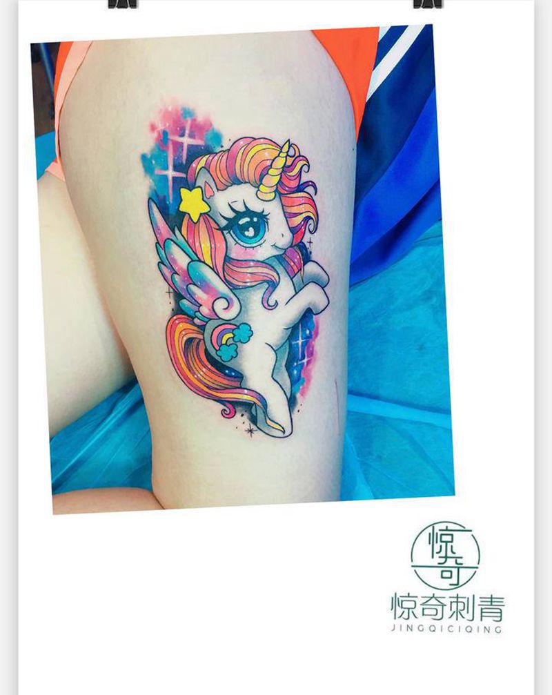 独角兽纹身图片_腿部纹身图案