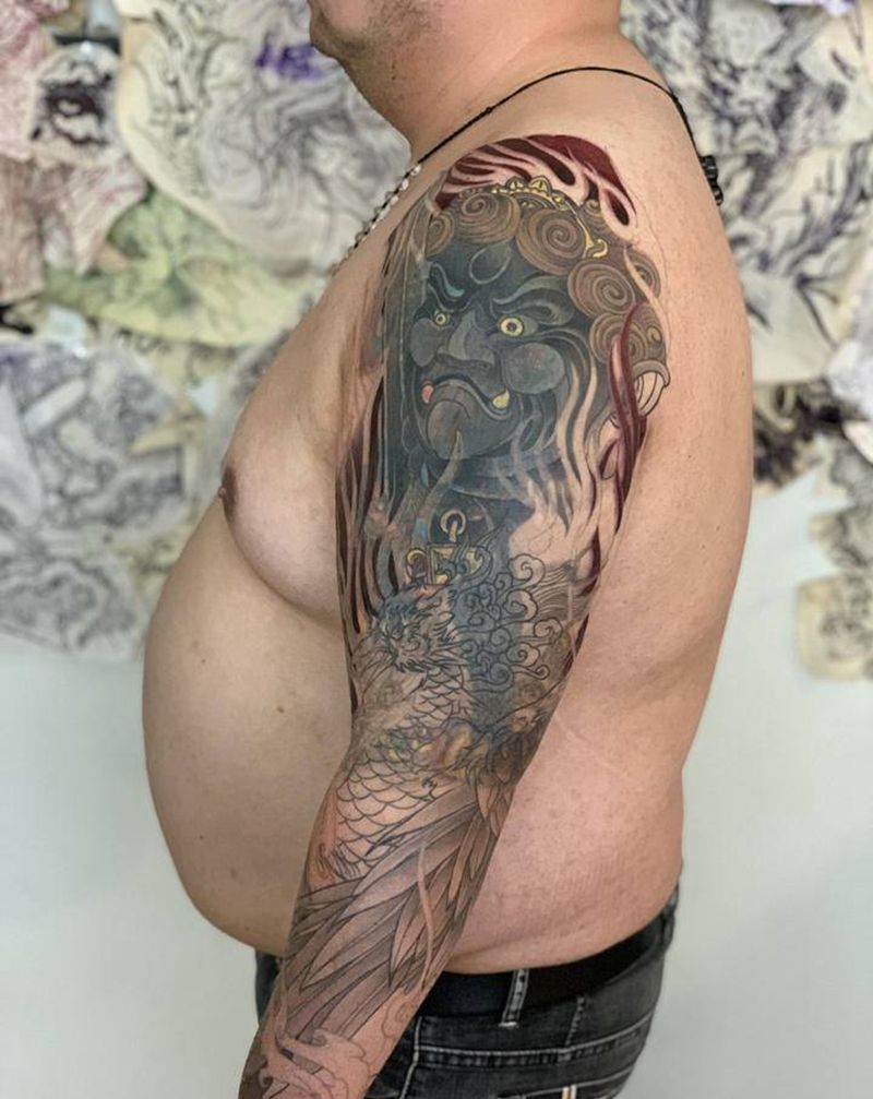 今日作品进度 #遮盖大臂彩色麒纹身图片_手臂新传统纹身图案