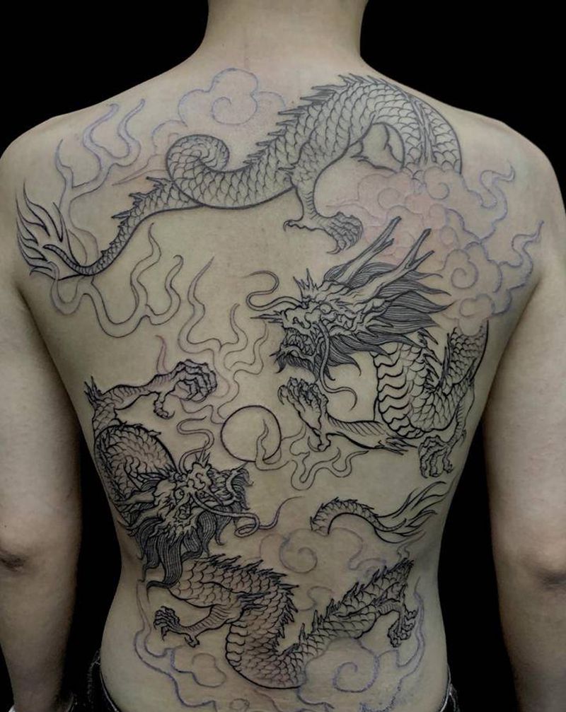 双龙戏珠纹身图片_新传统纹身图案