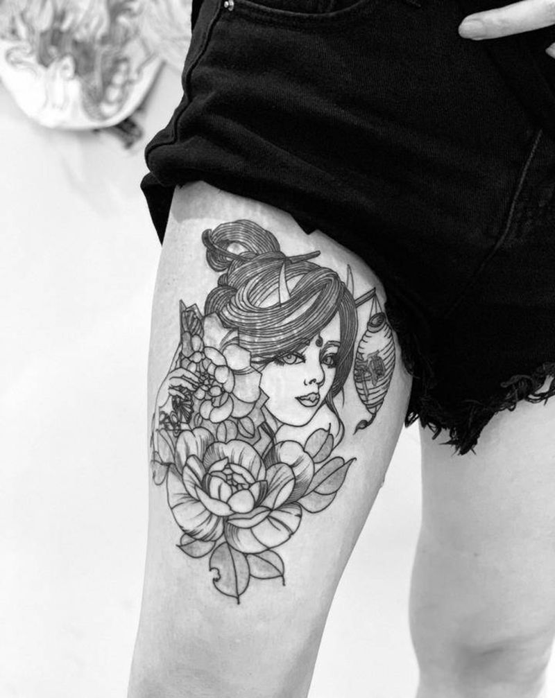 今日作品更新 #ins风 艺妓纹身图片_腿部点刺艺妓纹身图案