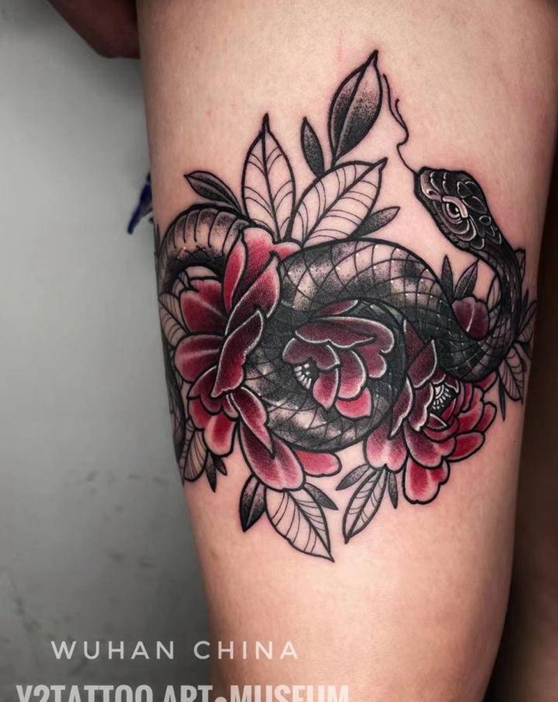 ⚔️ .店内作品  遮盖纹身图片_腿部新传统蛇纹身图案