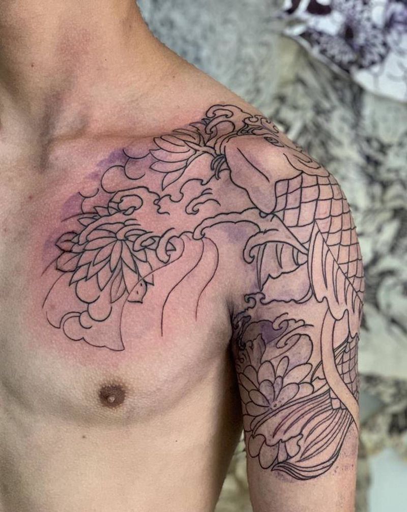 今日作品更新 #线条 #半胛纹身图片_胸部手臂老传统锦鲤纹身图案