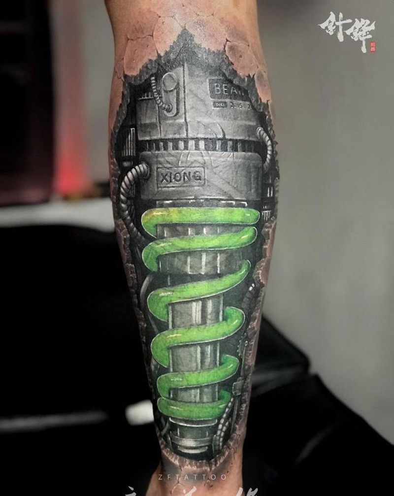 机械减震纹身图片_腿部欧美写实遮盖纹身图案
