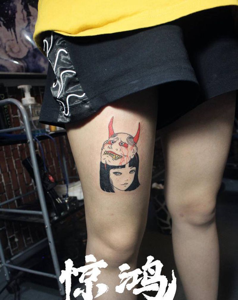 富江女纹身图片_腿部纹身图案