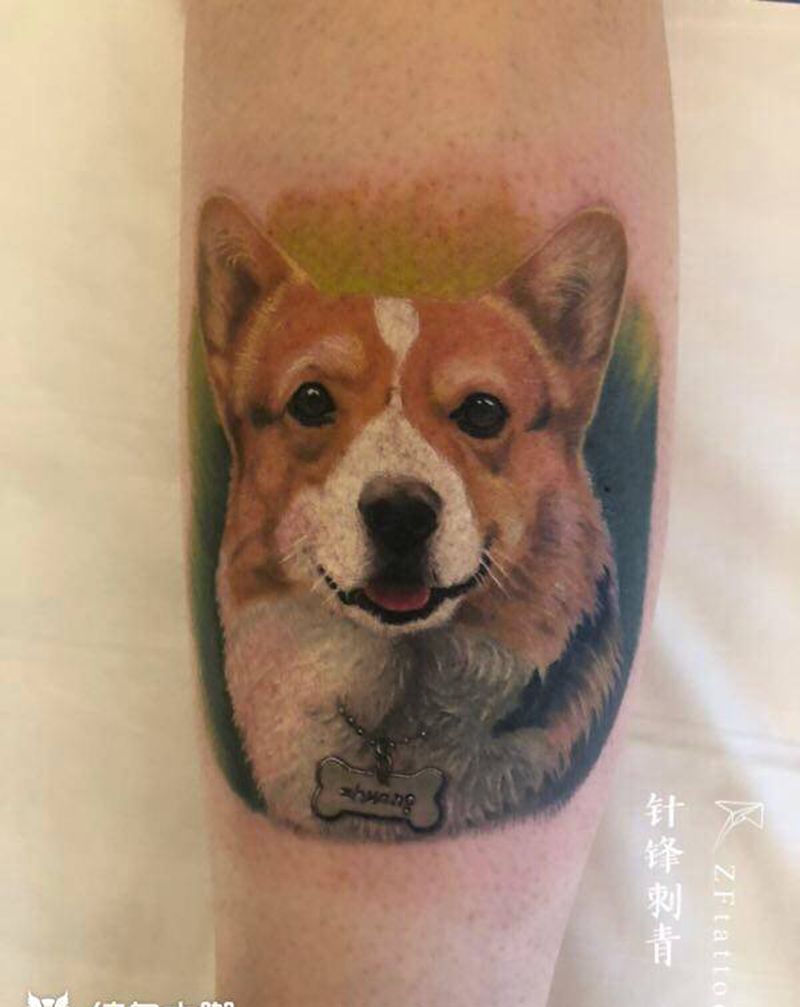 小柯基纹身图片_腿部欧美写实纹身图案