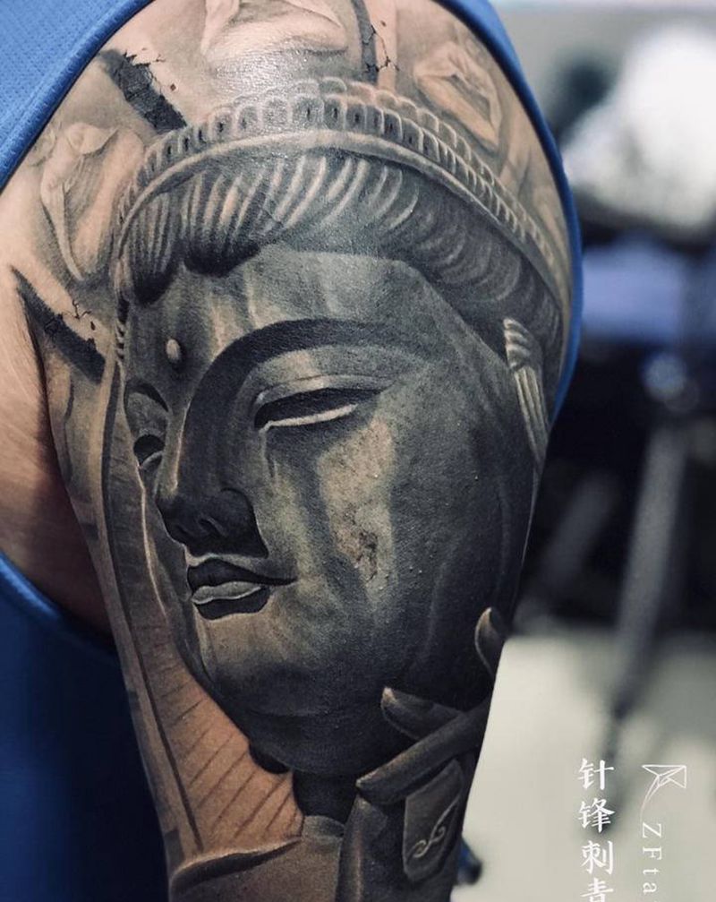 佛像纹身图片_手臂欧美写实遮盖纹身图案