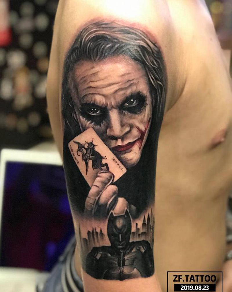 小丑希斯莱杰纹身图片_手臂欧美写实纹身图案