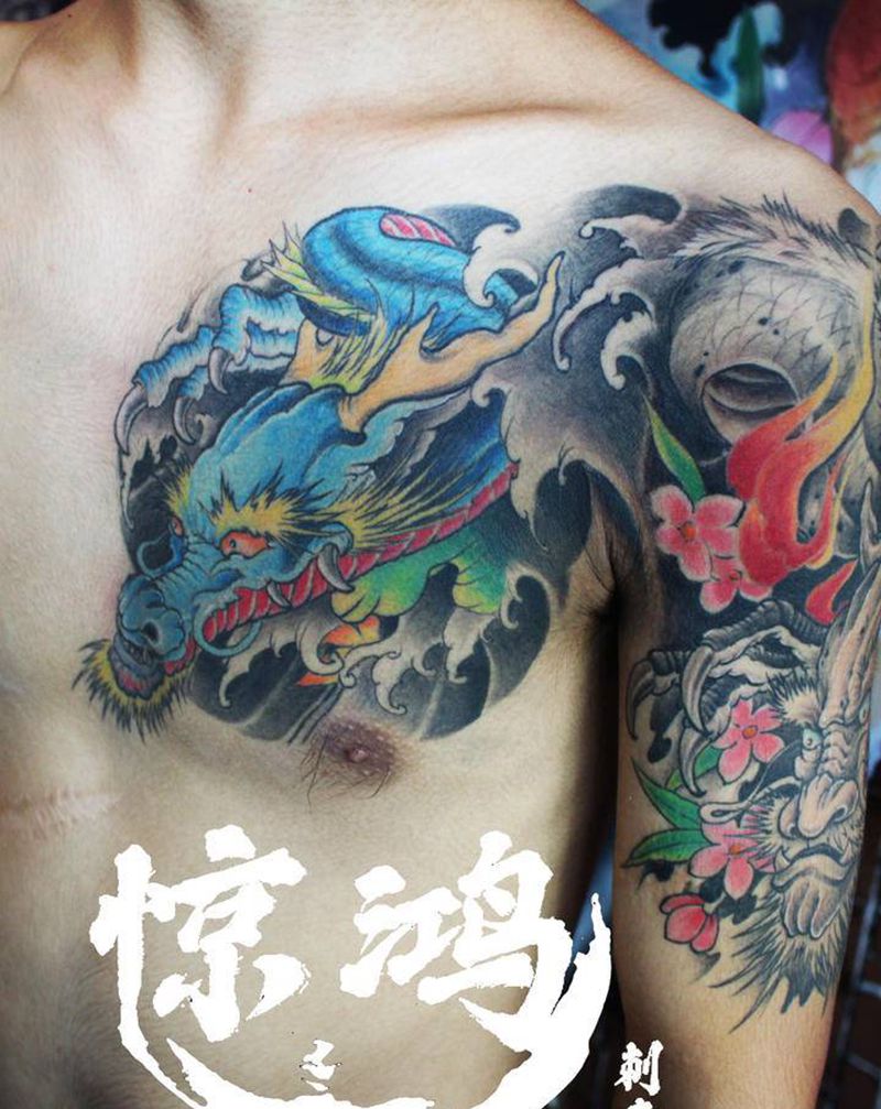 彩色半甲纹身图片_新传统纹身图案