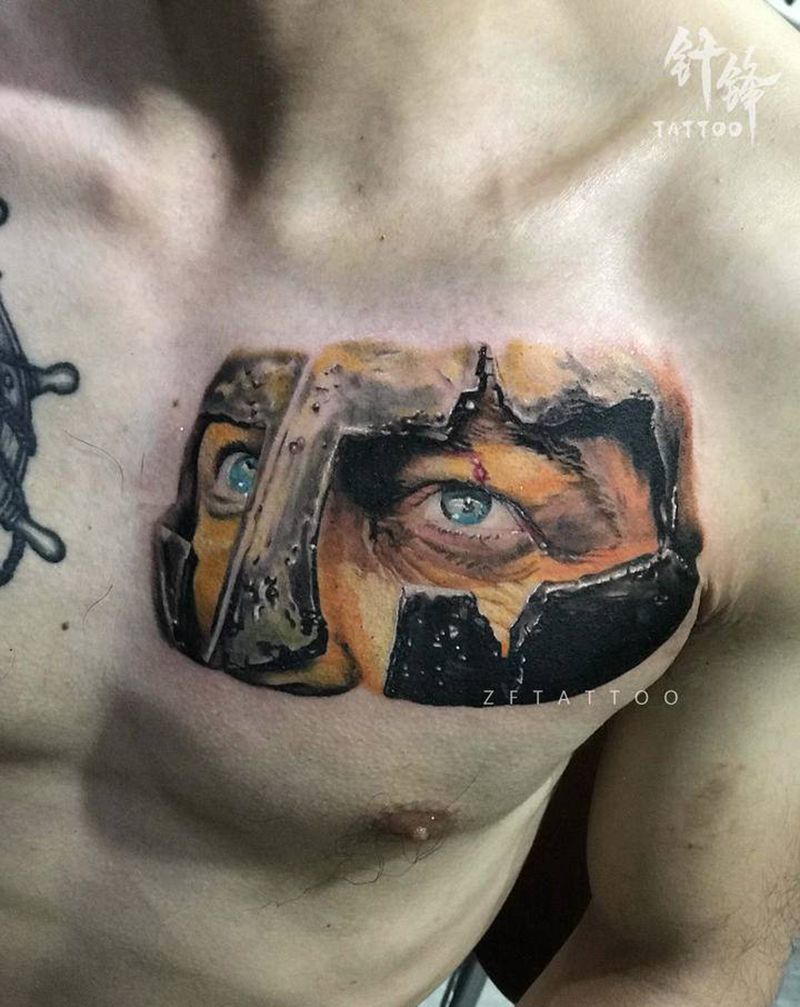斯巴达勇士纹身图片_胸部欧美写实纹身图案