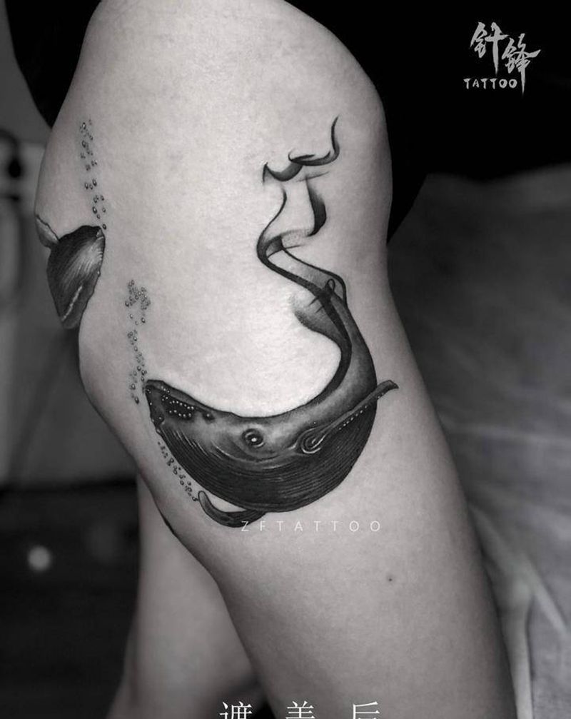 鲸鱼纹身图片_臀部欧美写实水墨纹身图案