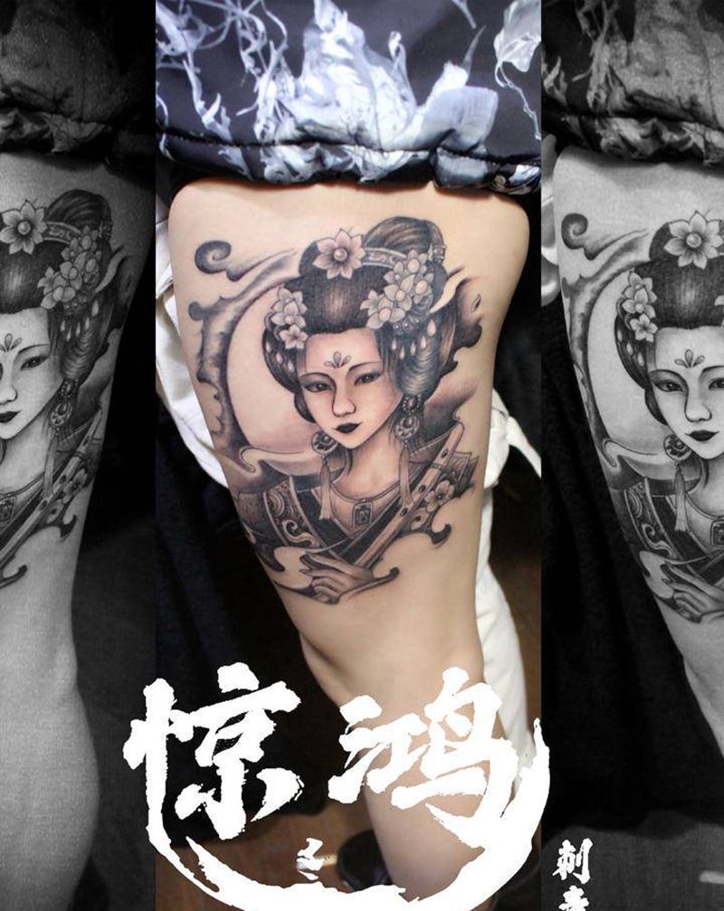 艺妓纹身图片_腿部纹身图案