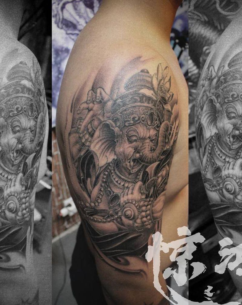 大臂 象神纹身图片_手臂新传统纹身图案