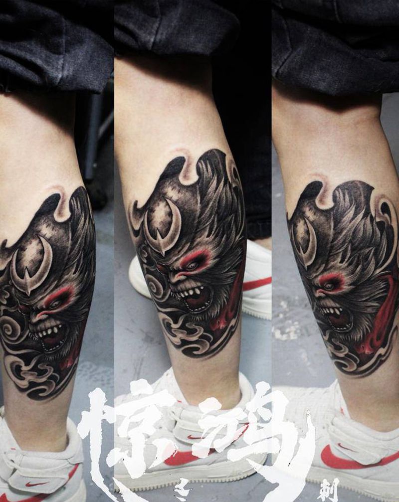 小腿 斗战胜佛纹身图片_腿部新传统纹身图案