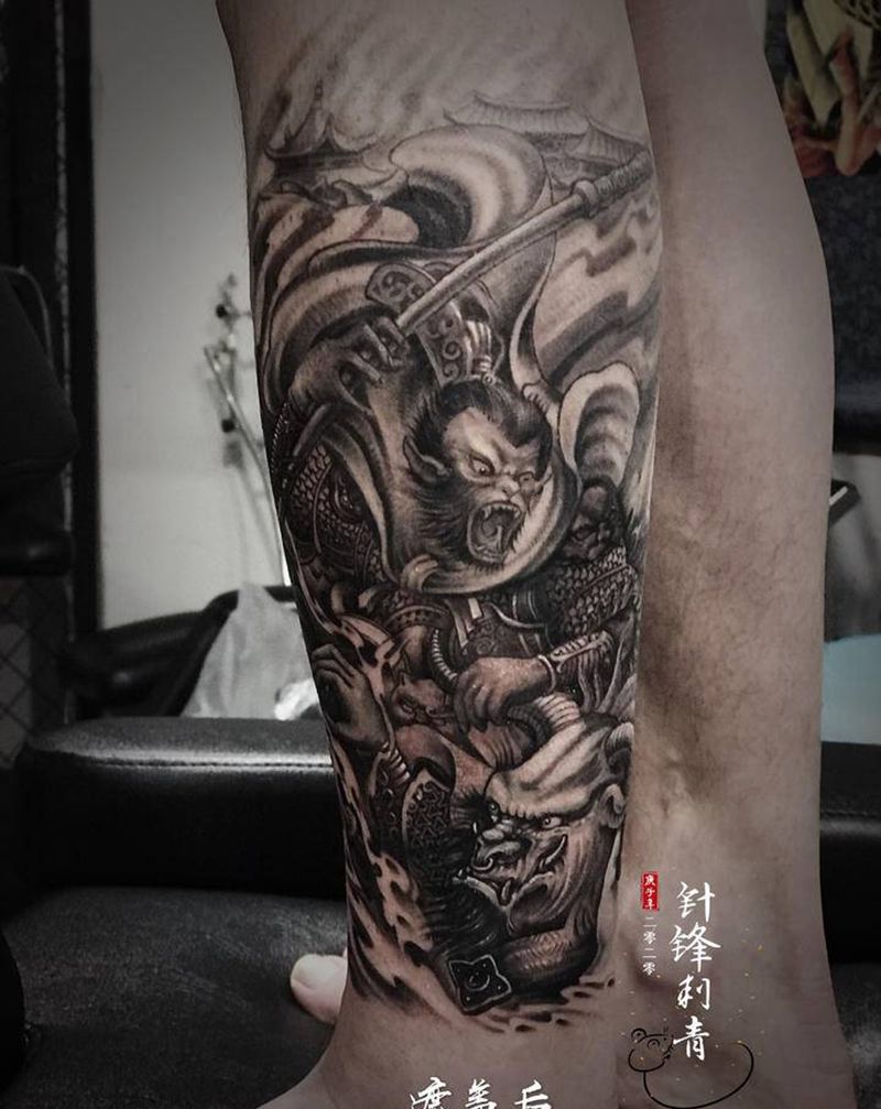 斗战圣佛纹身图片_腿部新传统遮盖类纹身图案