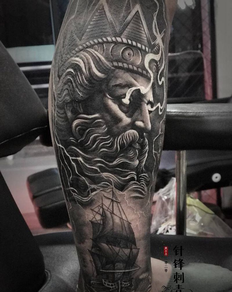 海神纹身图片_腿部欧美写实纹身图案