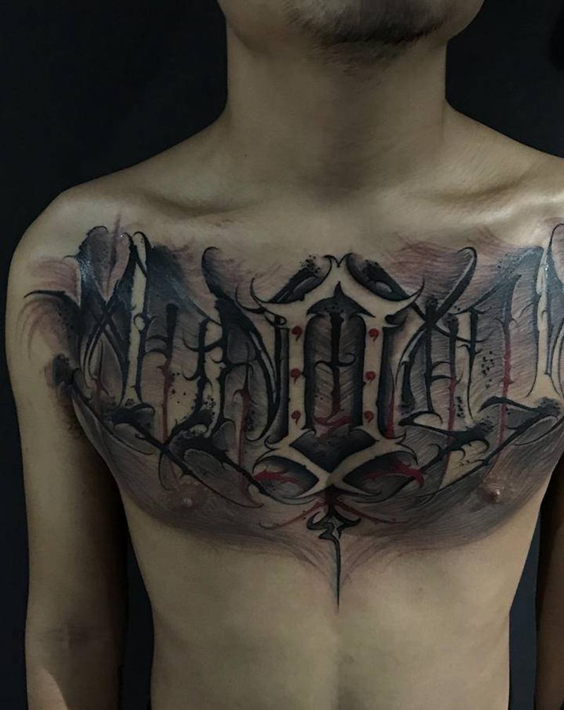 花体字纹身图片_胸部花体字纹身图案