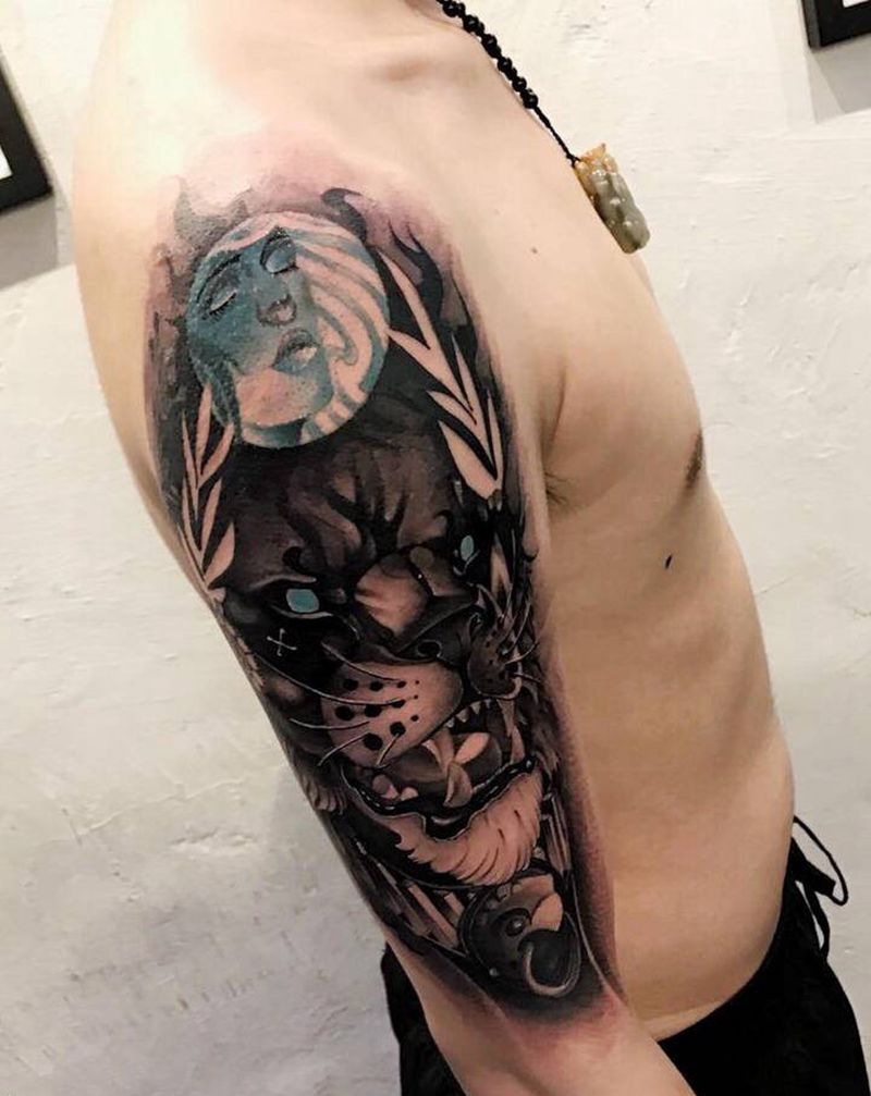 欧美狮子纹身图片_手臂New School纹身图案