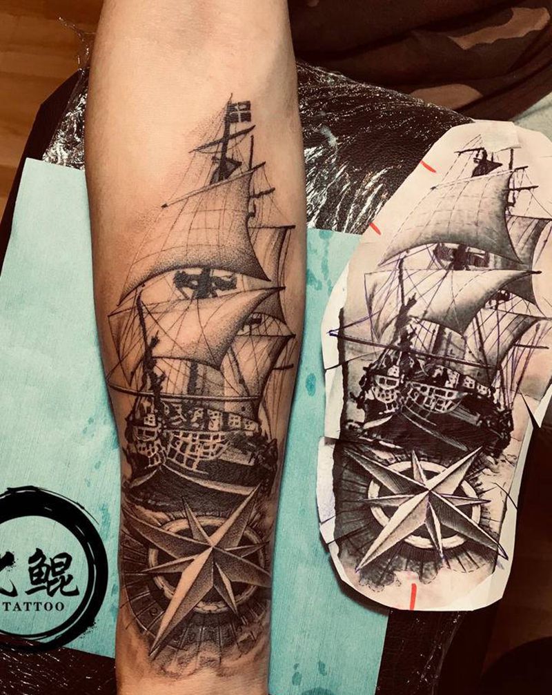 帆船纹身图片_手臂欧美写实纹身图案