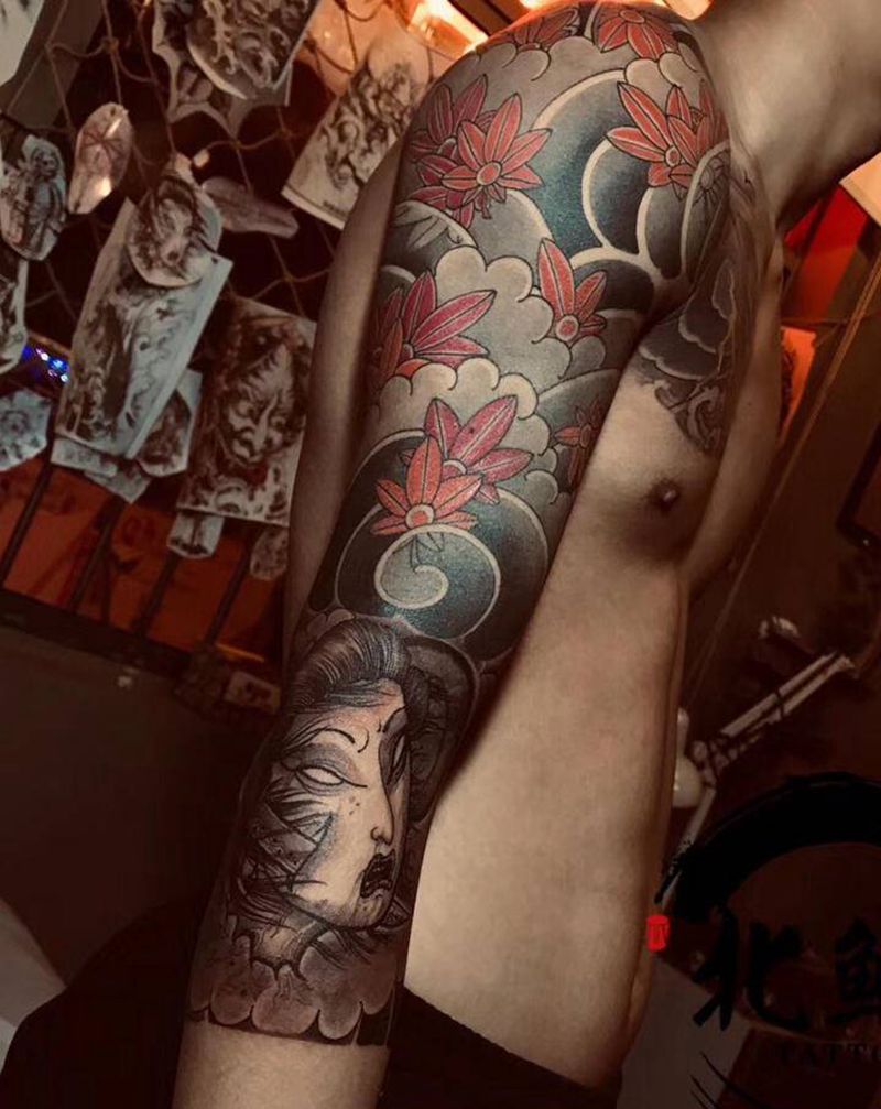 传统7分袖生首纹身图片_手臂老传统新传统纹身图案