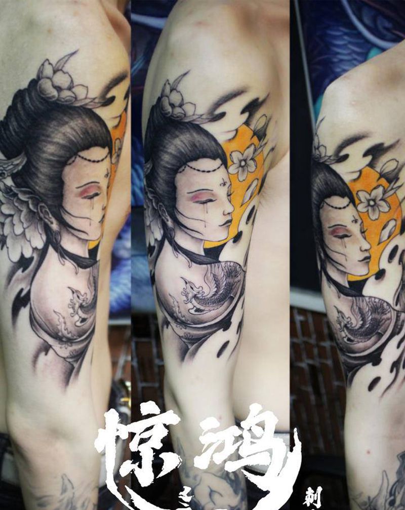 大臂艺妓纹身图片_手臂新传统纹身图案