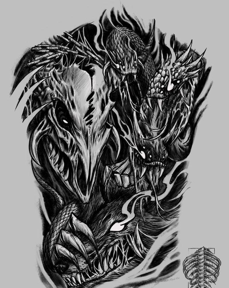 满背手稿纹身图片_暗黑纹身图案
