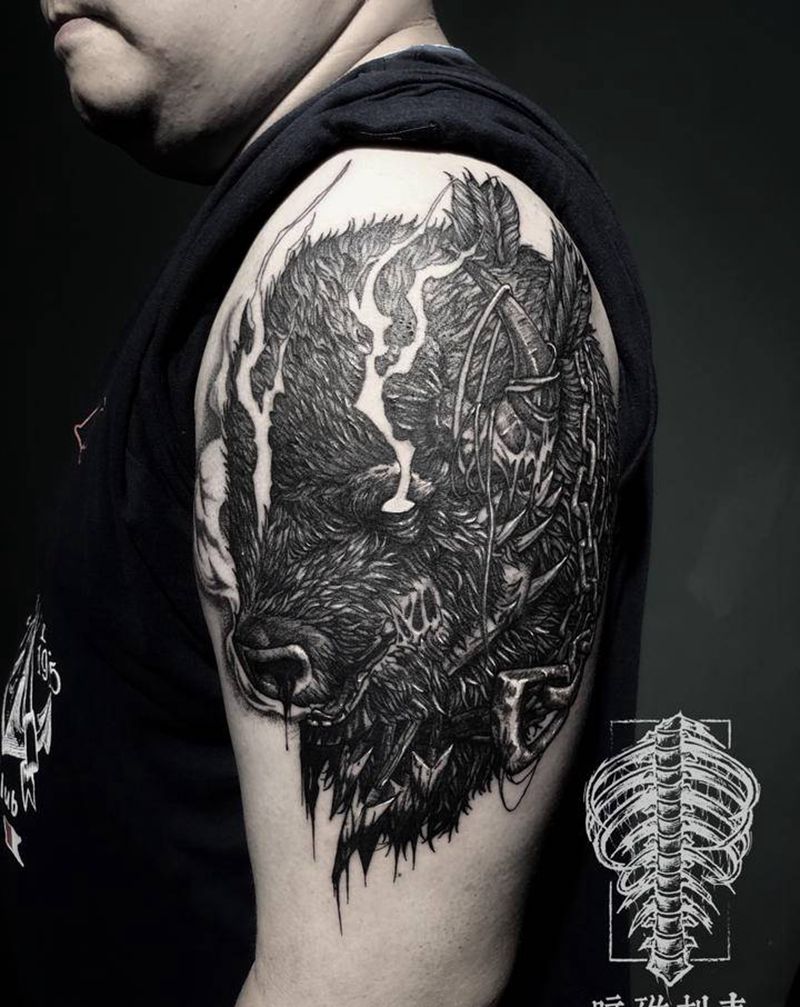 北美野牛纹身图片_暗黑纹身图案