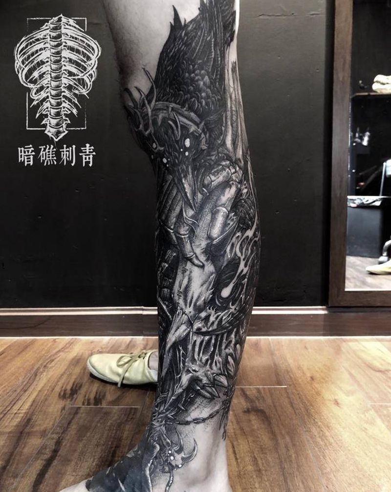 暗黑包小腿纹身图片_暗黑纹身图案