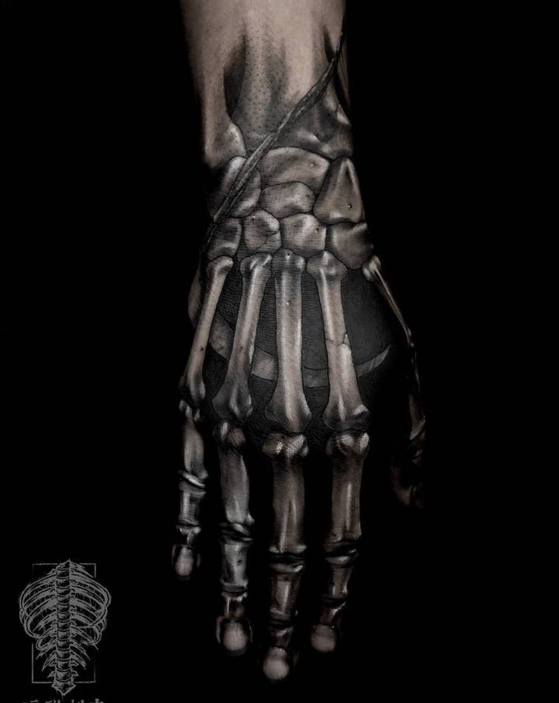 骷髅手背纹身图片_手部暗黑纹身图案