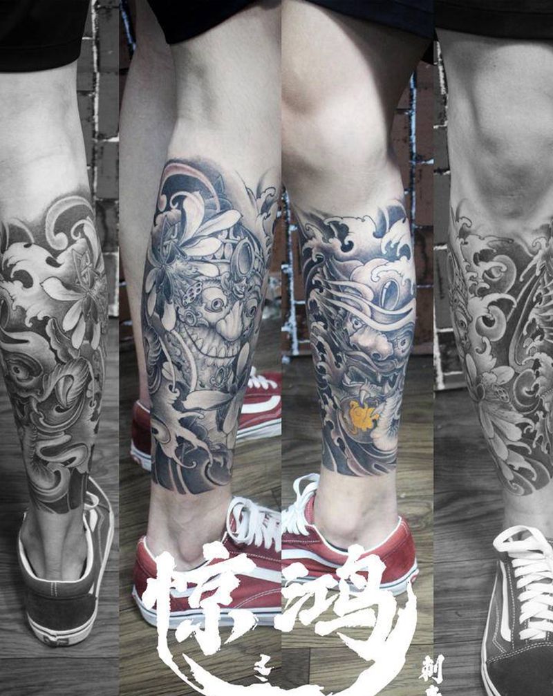 包小腿纹身图片_腿部新传统纹身图案