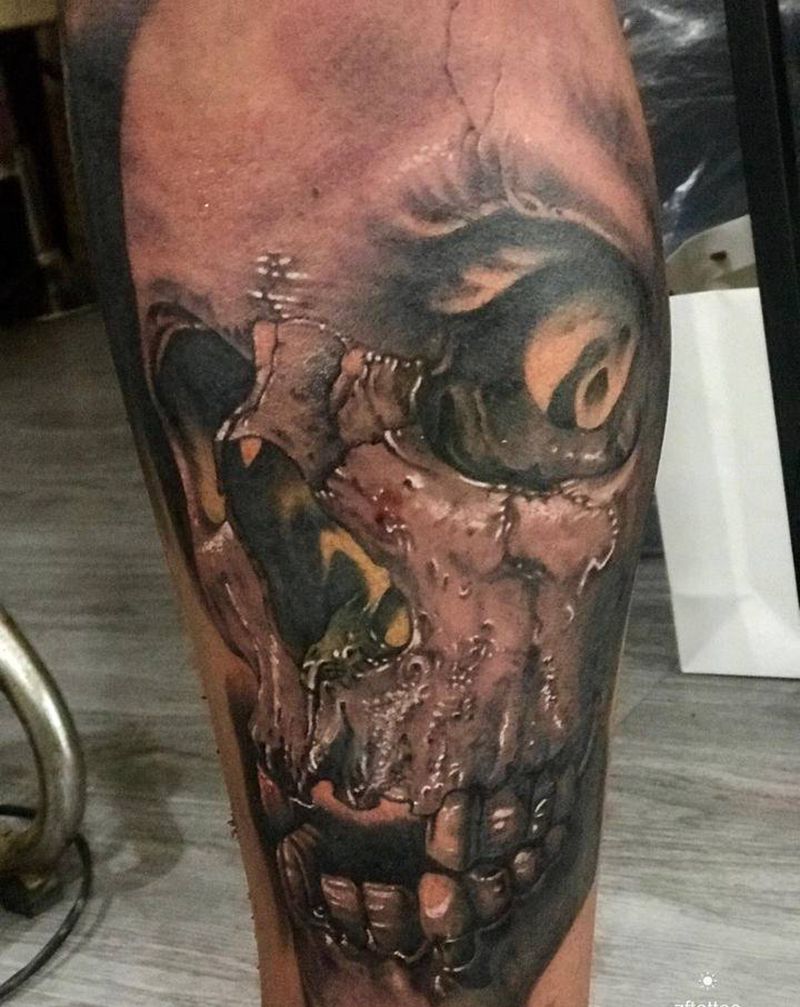 骷髅纹身图片_腿部欧美写实纹身图案