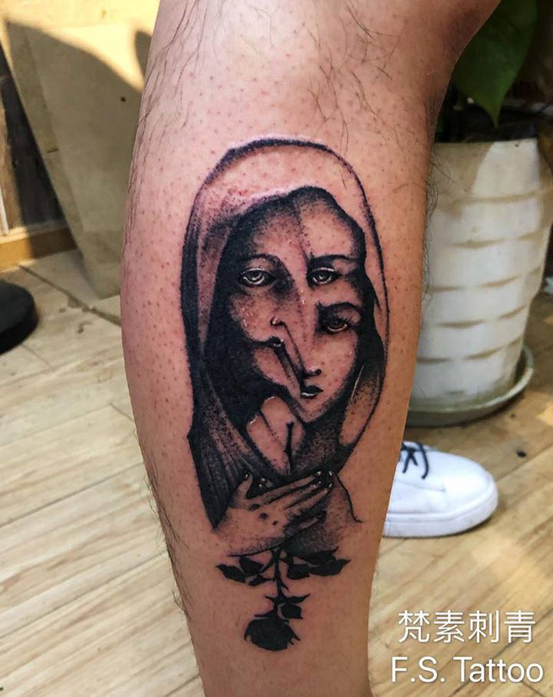 点刺肖像纹身图片_腿部点刺纹身图案