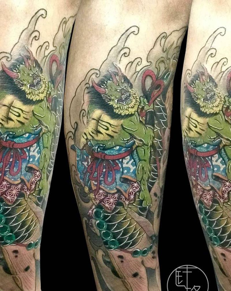 夜叉纹身图片_腿部新传统纹身图案