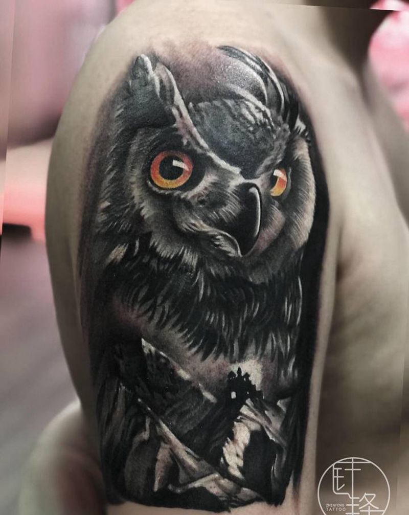 猫头鹰纹身图片_手臂欧美写实遮盖纹身图案