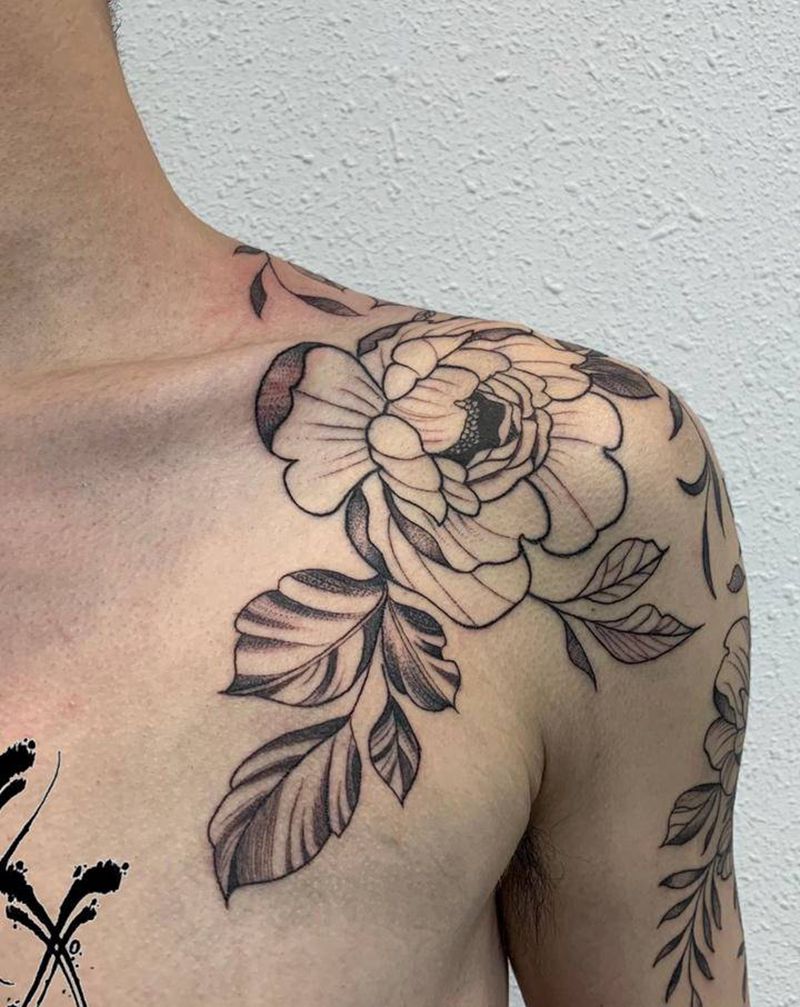 素花包肩纹身图片_背部手臂点刺纹身图案