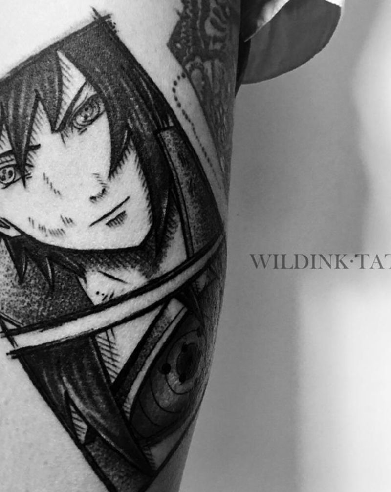 佐助纹身图片_腿部点刺火影忍者纹身图案