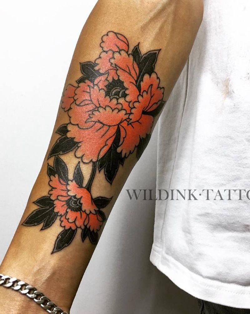 日式牡丹纹身图片_手臂老传统牡丹花纹身图案