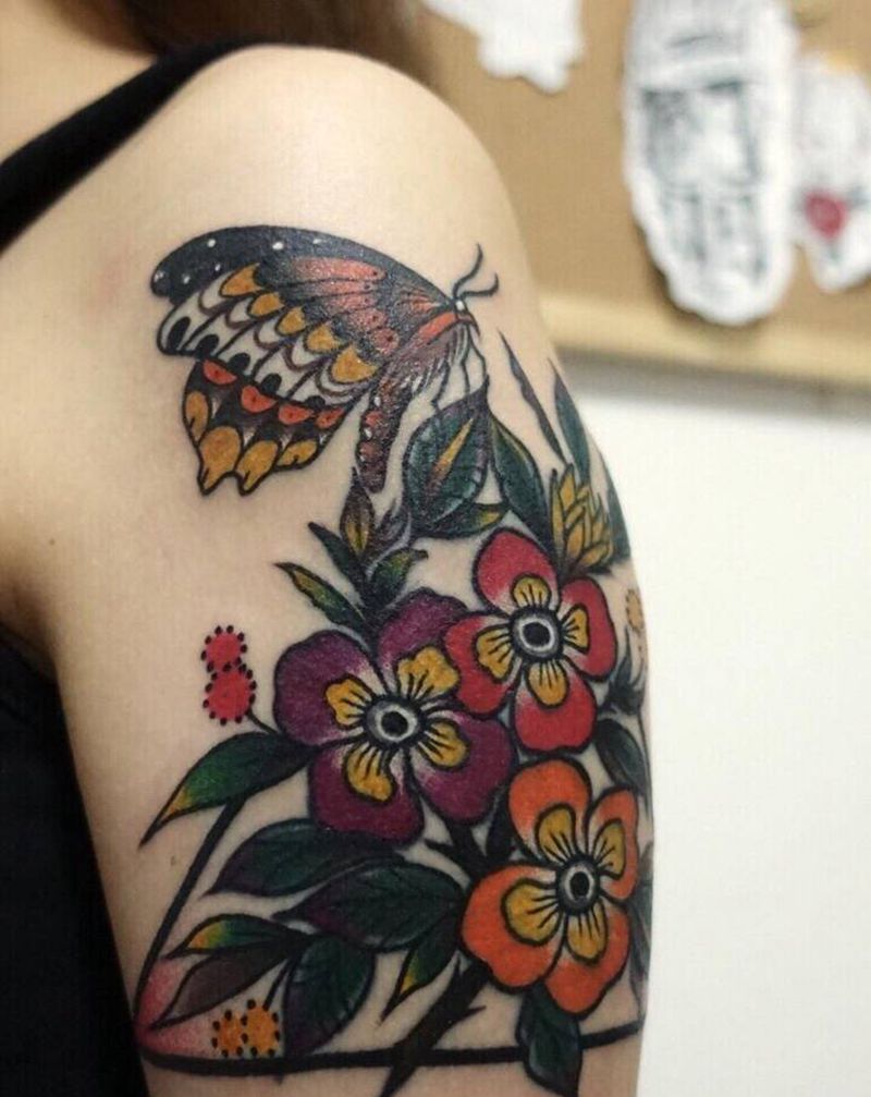 蝴蝶花儿纹身图片_手臂老传统Old School蝴蝶花纹身图案