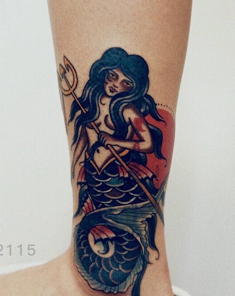 美人鱼纹身图片_腿部脚部Old School老传统美人鱼纹身图案